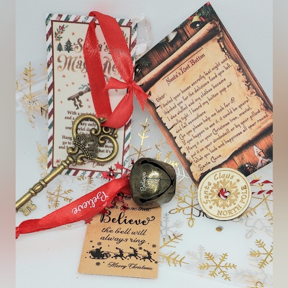 Magical Santa Christmas Set Santa's Magic Key, Bell, Button 3 Dust/Gift Bags NEW